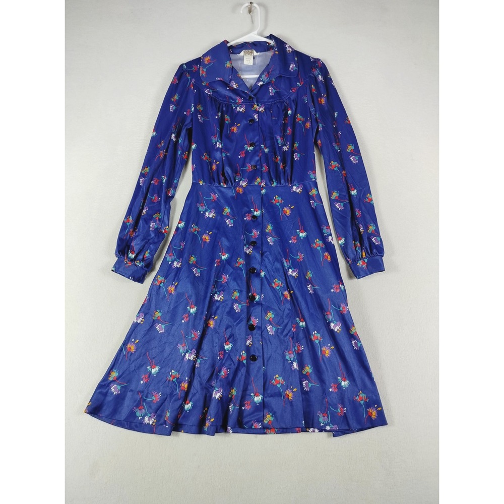 Montgomery Ward Shirt Dress Womens 12 Blue Vintage 70s Floral Long Sleeve A-Line
